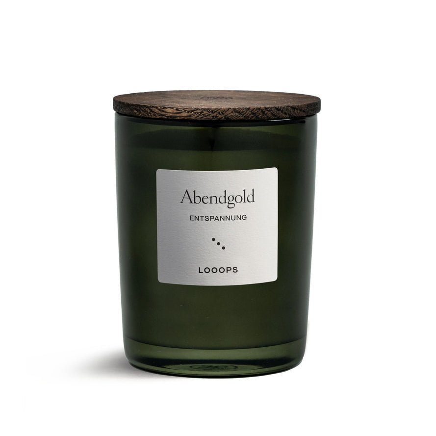 LOOOPS Duftkerze Abendgold – warme, beruhigende Duftkomposition aus ätherischen Ölen, handgegossen in Salzburg.