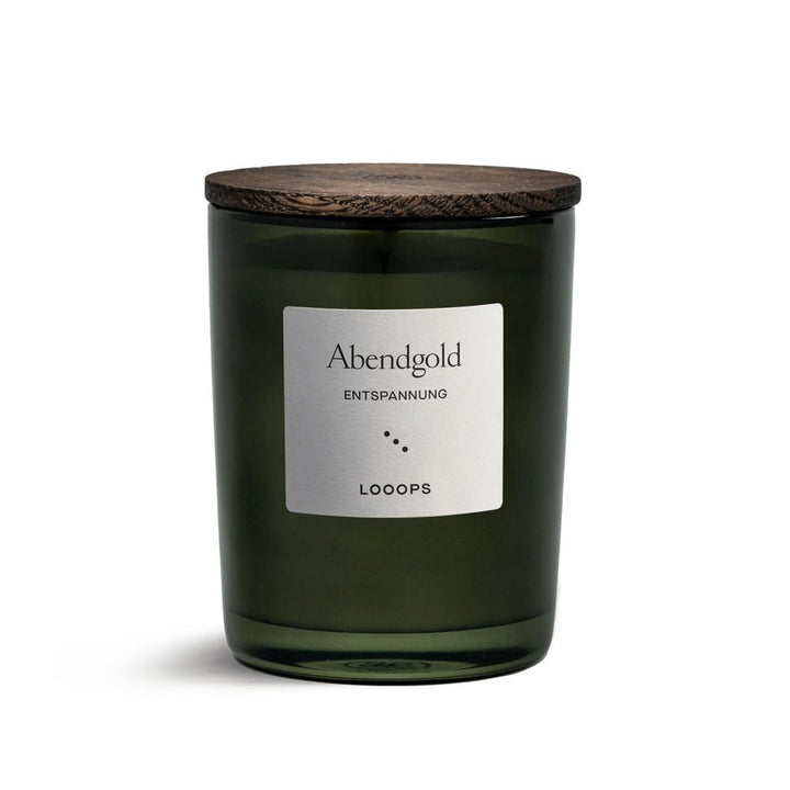 LOOOPS Duftkerze Abendgold – warme, beruhigende Duftkomposition aus ätherischen Ölen, handgegossen in Salzburg.