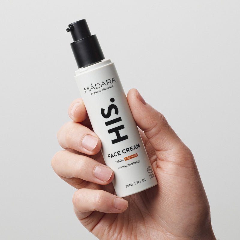 Mádara HIS Face Cream - Produktflasche mit Handmodel