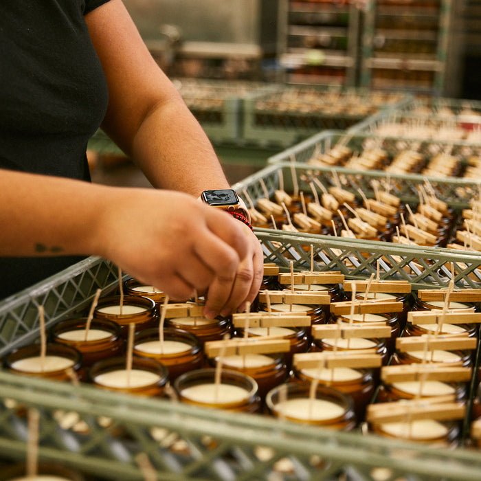 P.F. Candle Co. Production line Wick preparation