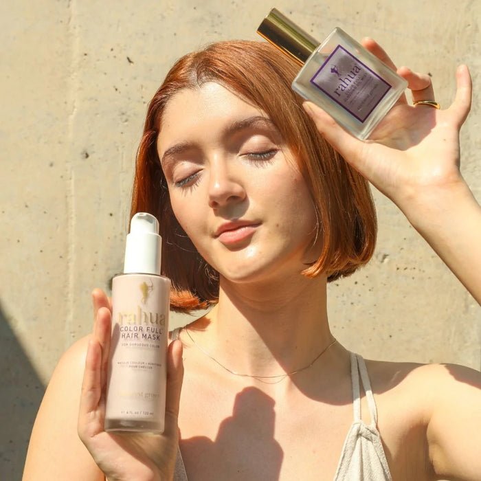 Rahua Color Full Glossing Oil Mist - model with mist and mask