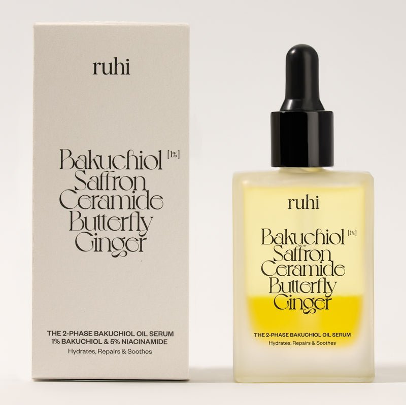 Ruhi The 2-Phase Bakuchiol Oil Serum & Niacinamid - Flasche mit Verpackung