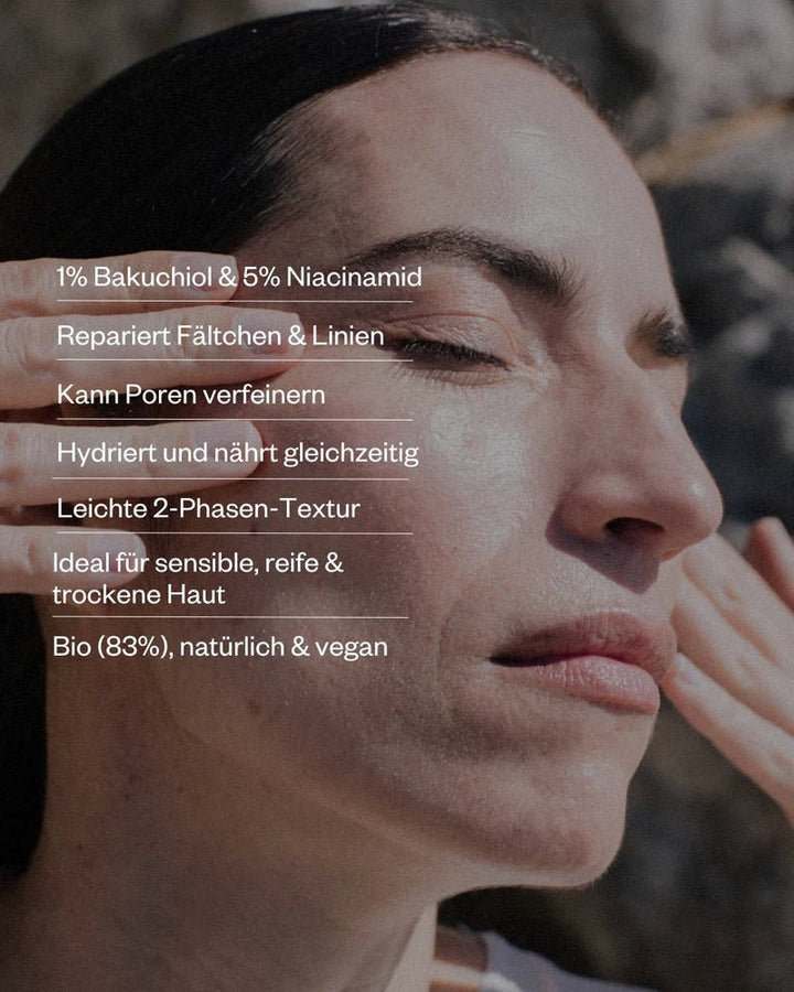 Ruhi The 2-Phase Bakuchiol Oil Serum & Niacinamid - Vorzüge des Produkts mit Bild von Model im Hintergrund