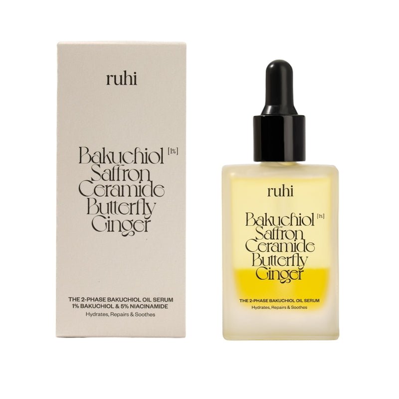 Ruhi The 2-Phase Bakuchiol Oil Serum & Niacinamid - Flasche mit Verpackung weißer Hintergrund