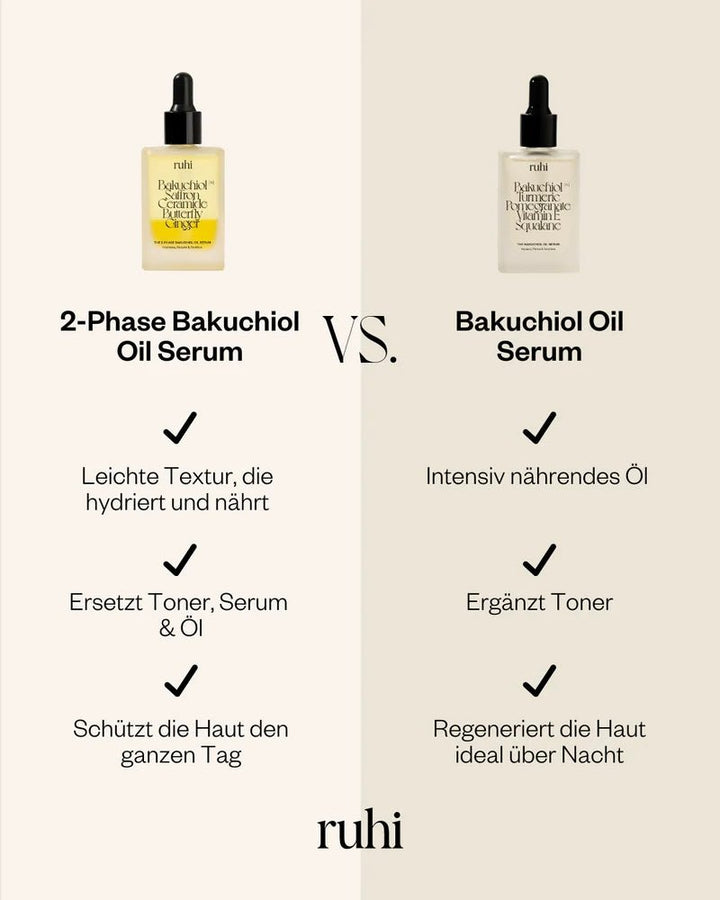 Ruhi The 2-Phase Bakuchiol Oil Serum & Niacinamid - Vergleich des 2-Phasen-Öl-Serums und des Bakuchiol-Serums
