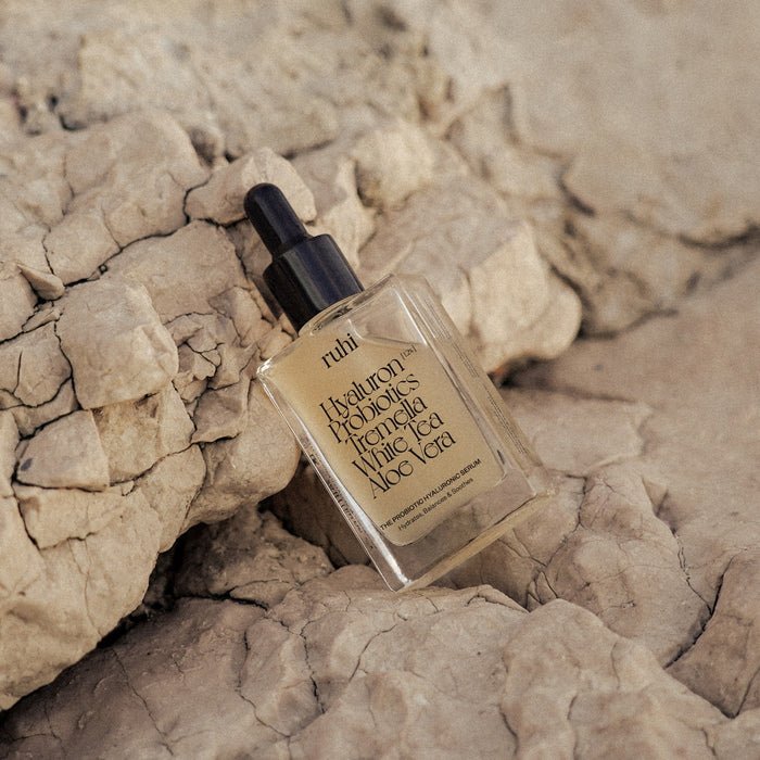 Ruhi Rituals The Probiotic Hyaluronic Serum mood on rock