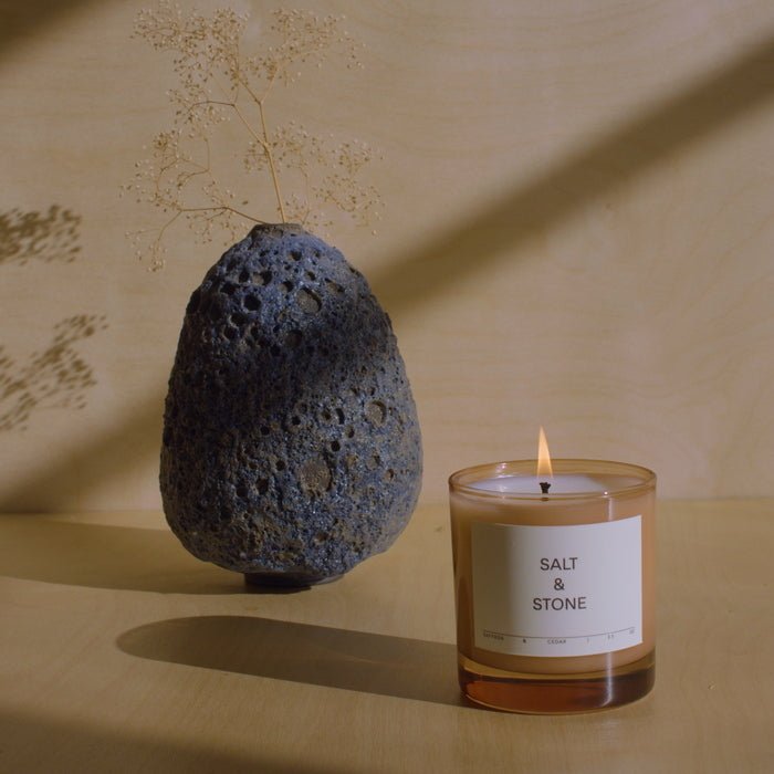 Salt and Stone Black Rose & Vetiver Candle mood with vase