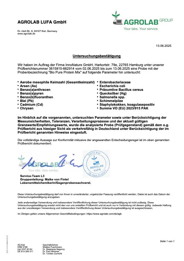 Pure Protein Mix von InnoNature mit acht pflanzlichen Proteinquellen - Prüfbericht