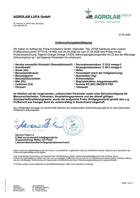 Vegane Omega-3-Tropfen für Kinder mit DHA und EPA aus Algenöl - Laborbestätigung