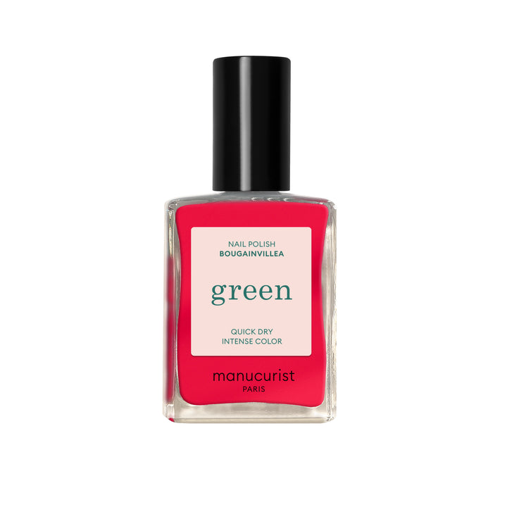 Manucurist Paris Green Nagellack in Bougainvillea - ein leuchtender Korallrot-Ton in einer Glasflasche mit schwarzem Verschluss, mit schnell trocknender und intensiver Farbformel