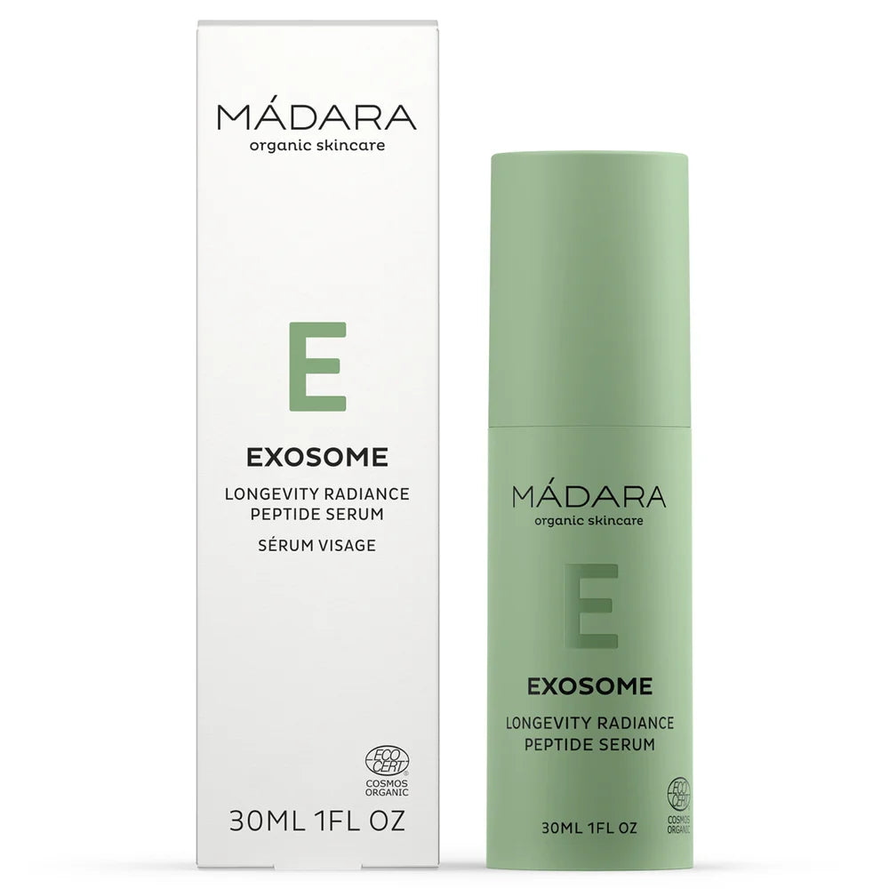 Exosome Longevity Radiance Peptide Serum von Mádara - Produkt und Verpackung