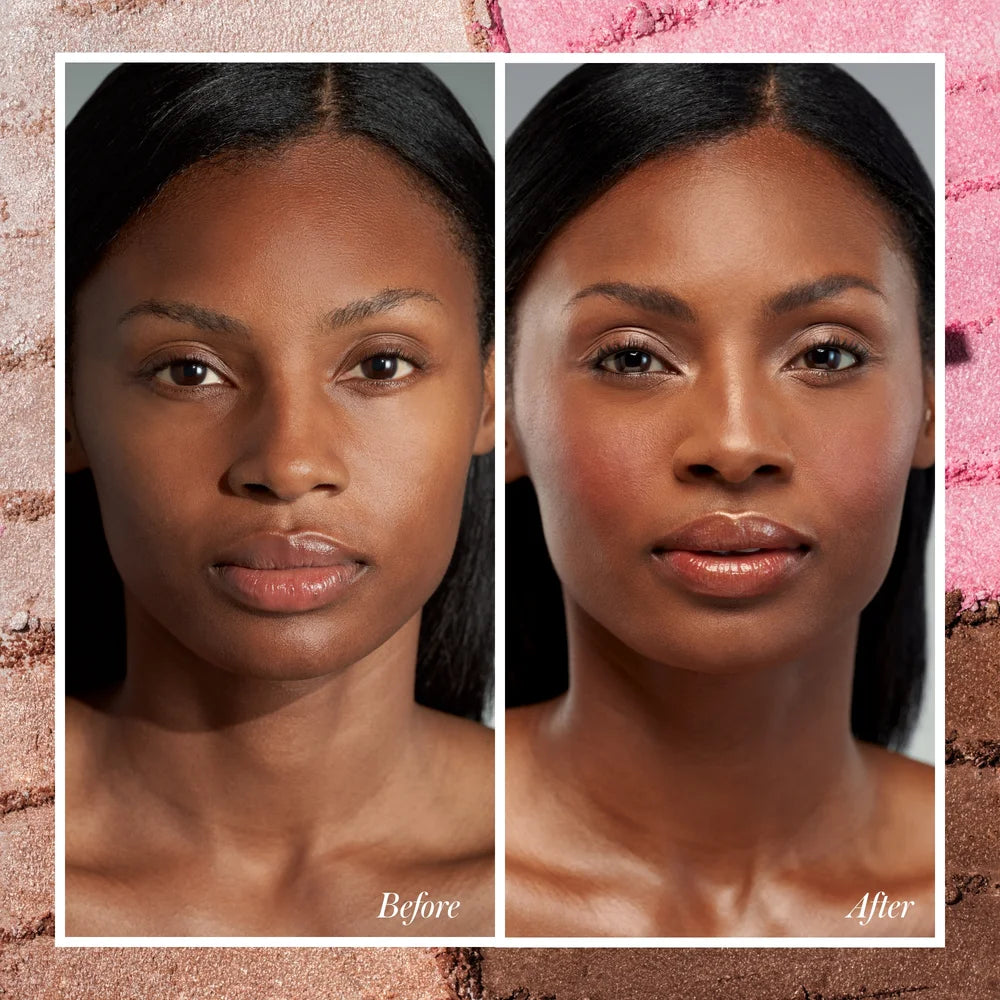 Vorher-Nachher-Vergleich der Daily Glow Palette auf dunkler Haut