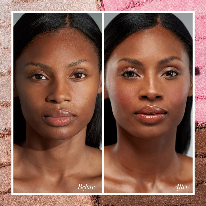 Vorher-Nachher-Vergleich der Daily Glow Palette auf dunkler Haut