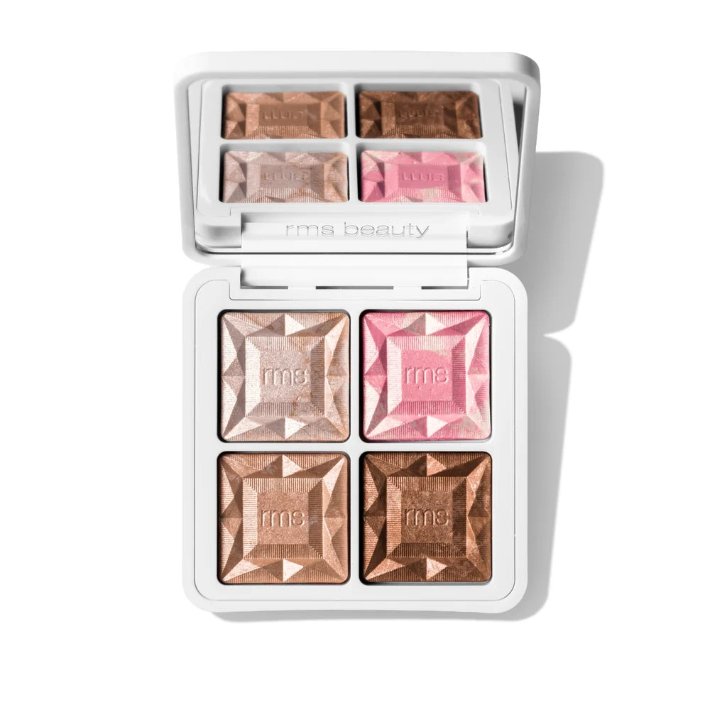 Geöffnete RMS Beauty ReDimension Daily Glow Palette mit vier Highlighter-Nuancen