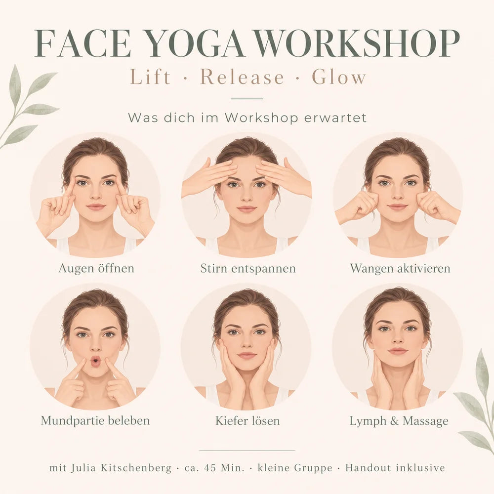 Face Yoga Workshop mit Übungen für Augen, Stirn, Wangen, Mund, Kiefer und Lymphmassage
