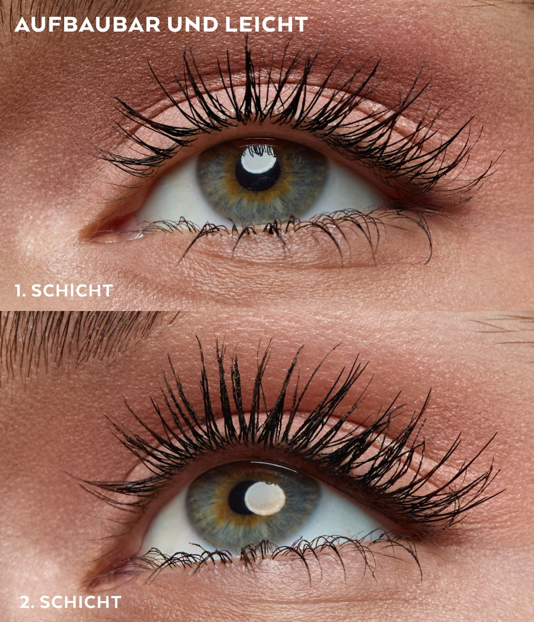 Zwei Nahaufnahmen eines Auges mit definierten und verlängert wirkenden Wimpern