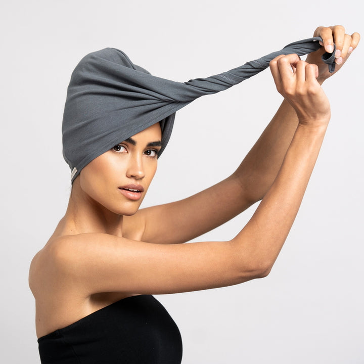 Bamboo Turban Towel with Button | Gray Model 3