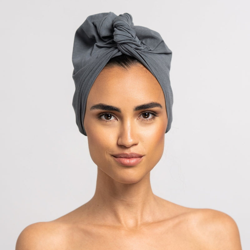 Bamboo Turban Towel with Button | Gray model