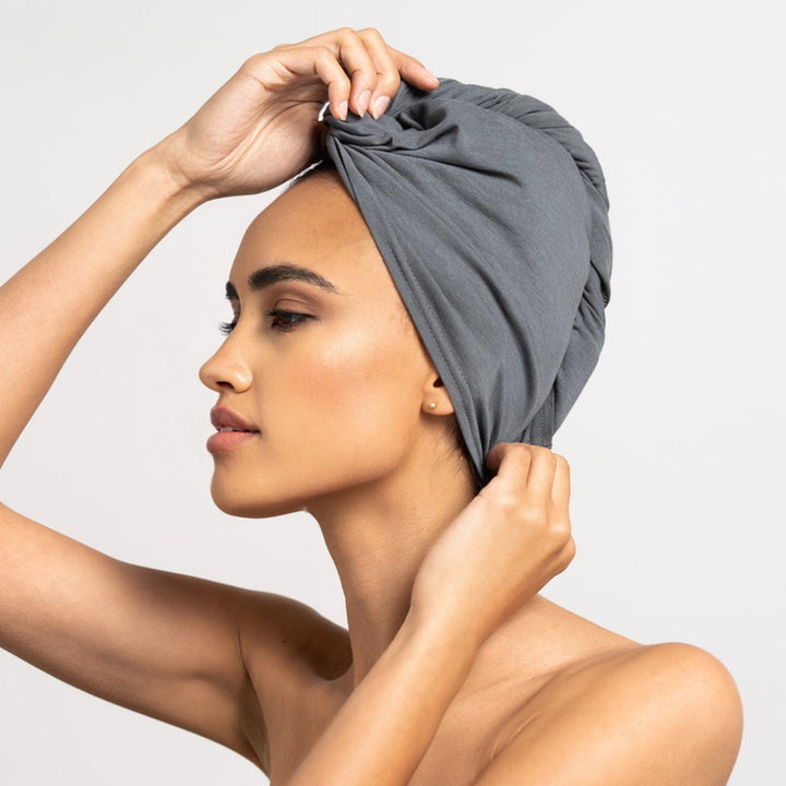 Bamboo Turban Towel with Button | Gray Model 5