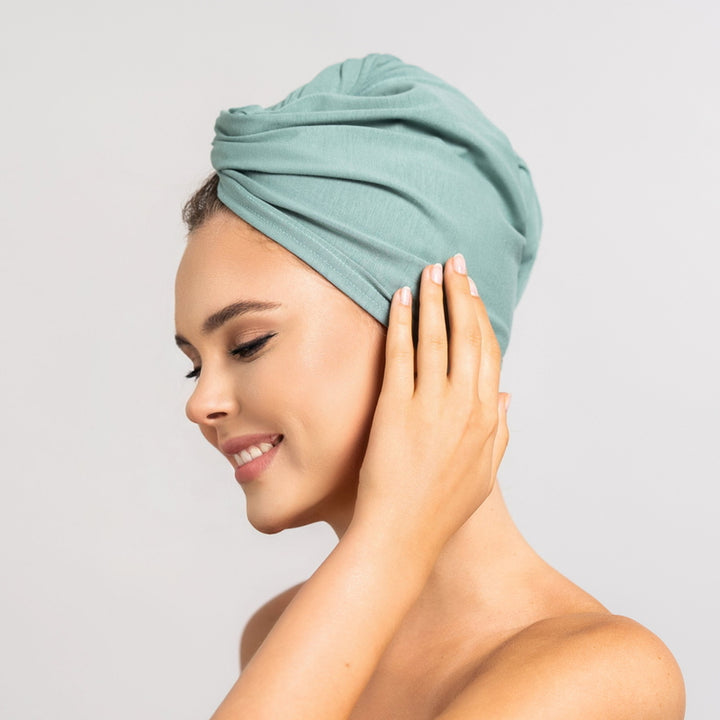 Bamboo Turban Towel with Button | Mint Green Model 2