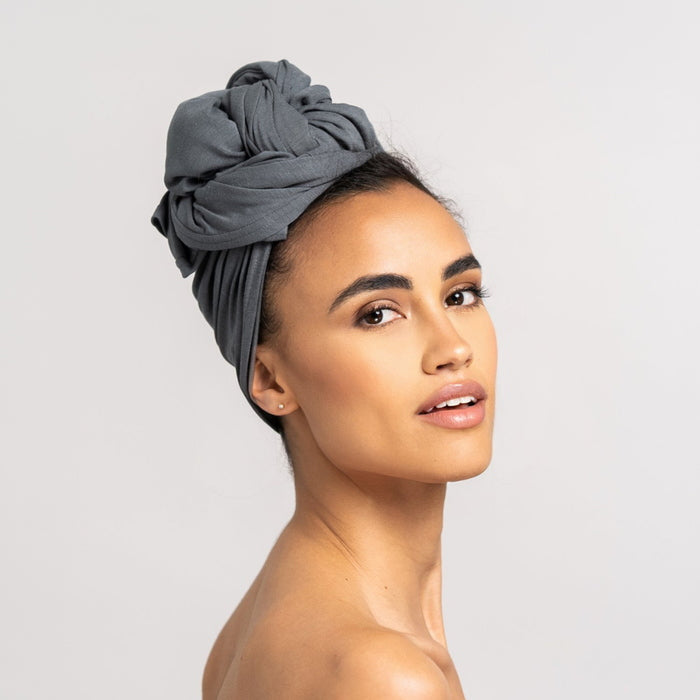Curly'N'Covered Bamboo Hair Towel | Gray model