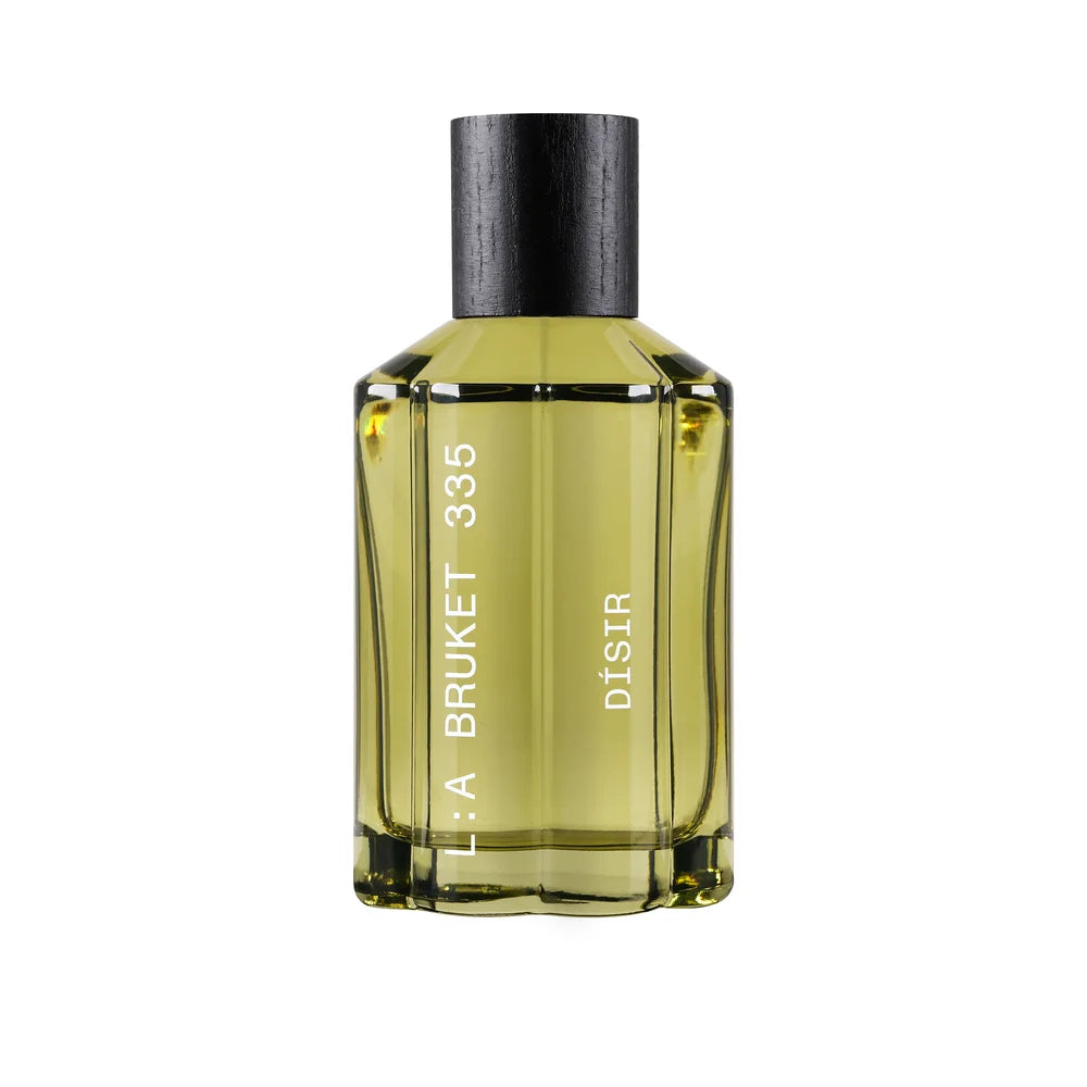 L:A Bruket 335 Dísir Eau de Parfum – gelbgrüner Glasflakon mit schwarzem Verschluss