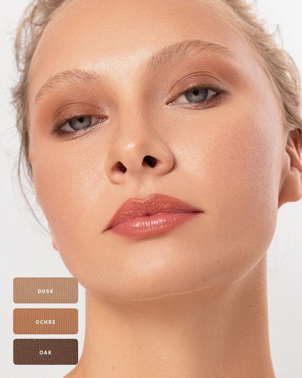 Model mit sanftem Augen-Make-up in hellen, warmen Brauntönen der Ere Perez Element Matte Palette