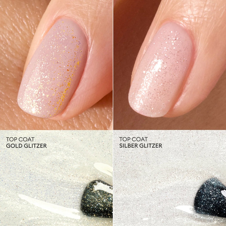 Top Coat mit Pailleten silber von Manucurist - Vergleich gold und silber