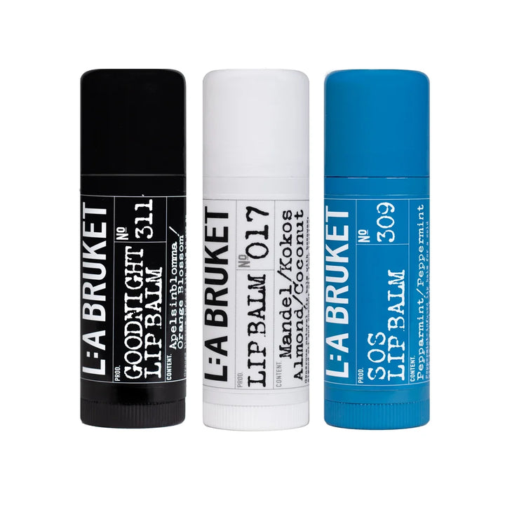 L:A Bruket Lippenbalsame in Schwarz, Weiß und Blau – natürliche Lippenpflege für unterschiedliche Bedürfnisse