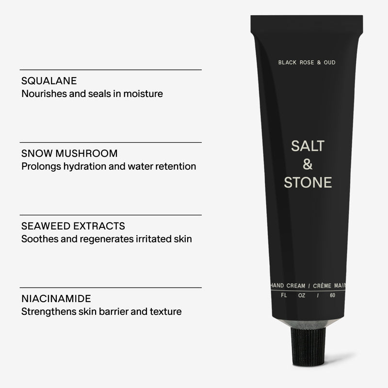 Salt & Stone Ingredienti per la crema per le mani alla rosa nera e all'oud