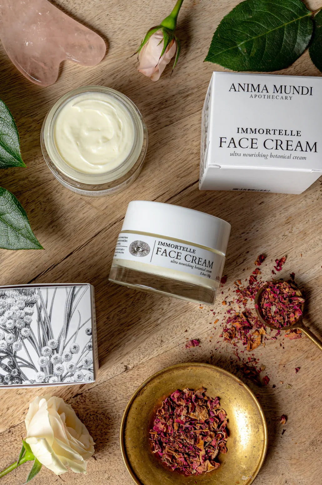 Immortelle Face Cream von Anima Mundi Herbals - Inhaltsstoffe und geöffnetes Produkt