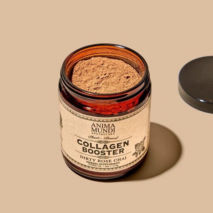 Collagen Booster Dirty Rose Chai: frasco abierto a base de plantas