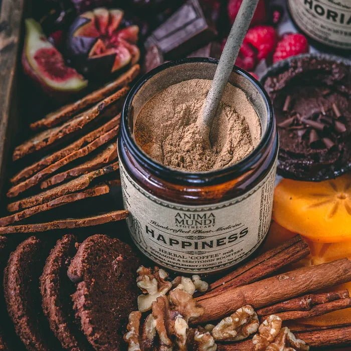 Anima Mundi Happiness Powder: Herbal Coffee With Mood Boosters - open jar