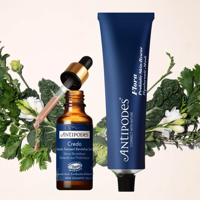 Antipodes Dúo de mascarilla hialurónica Flora Probiotic Skin-Rescue con suero probiótico Credo