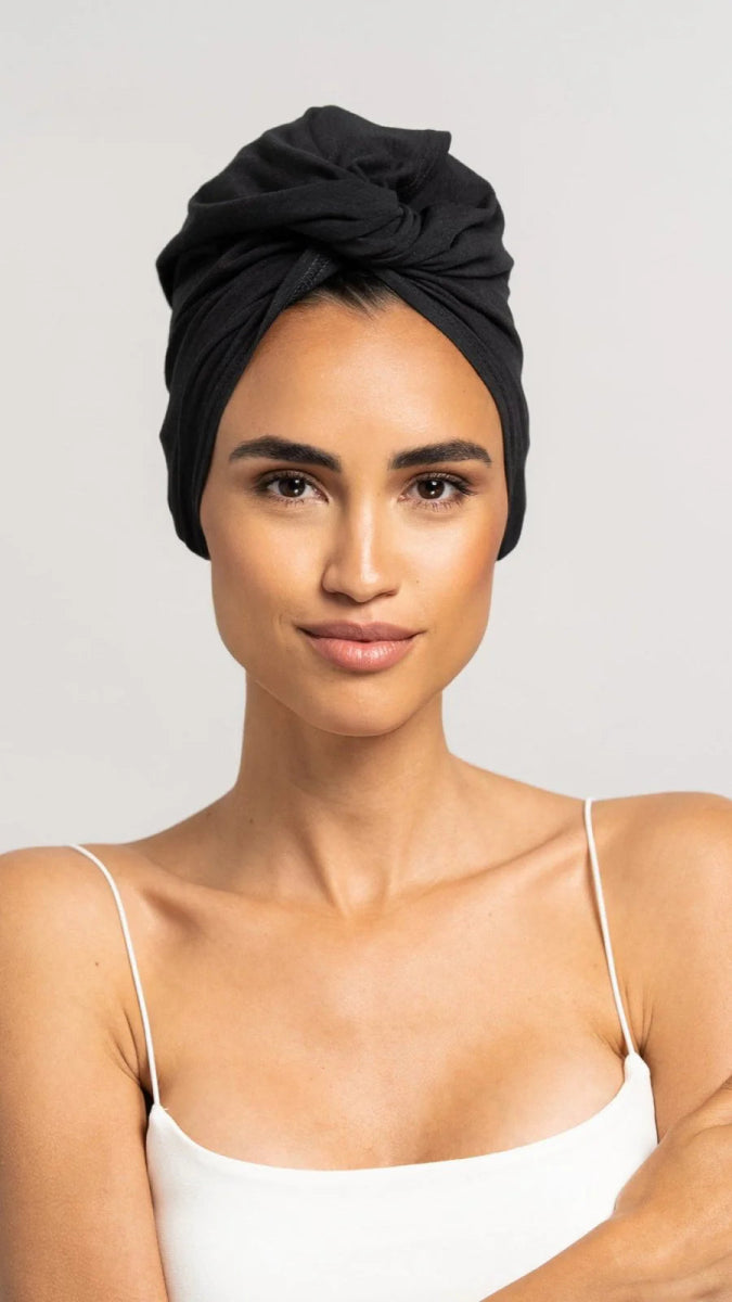 Bamboo Turban Towel with Button | Black Model 3