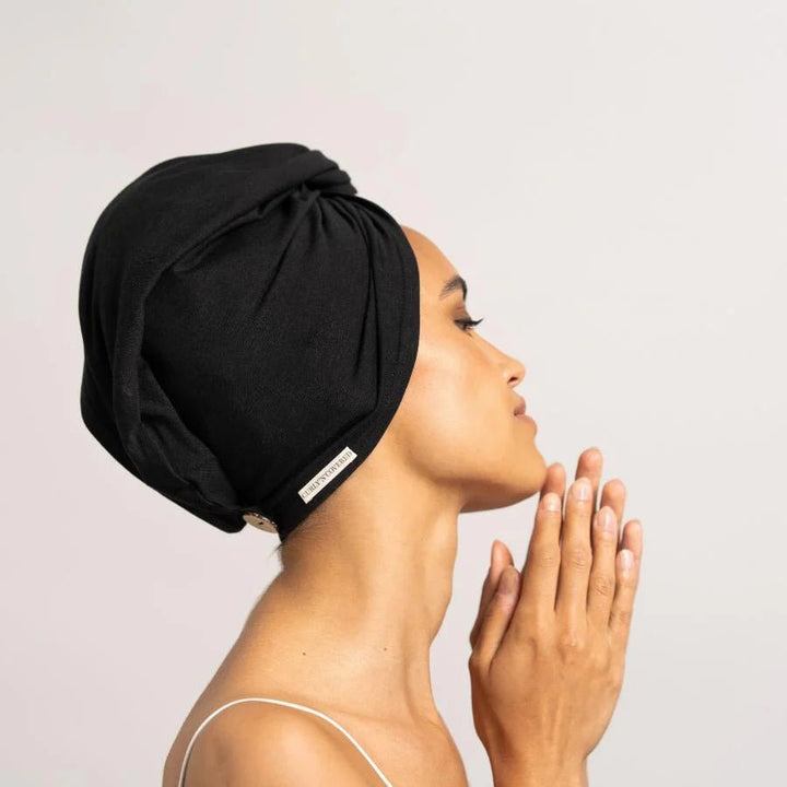 Bamboo Turban Towel with Button | Black - Model 1