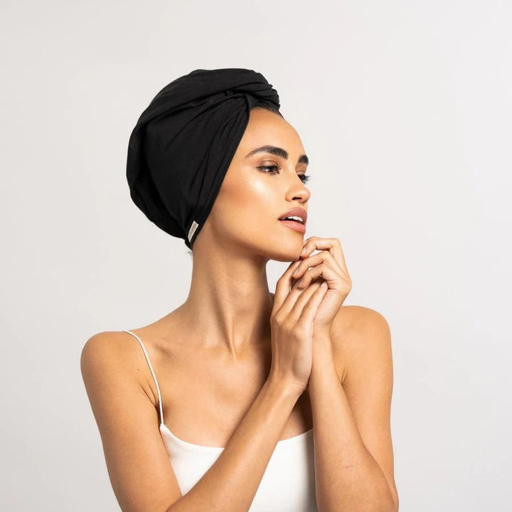 Bamboo Turban Towel with Button | Black Model