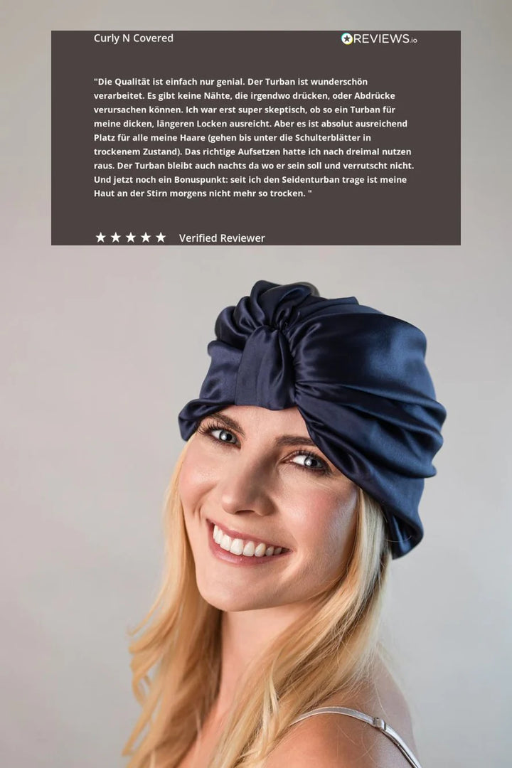 Curly’n Covered Schlafhaube aus Seide in Marineblau, Kundenbewertung