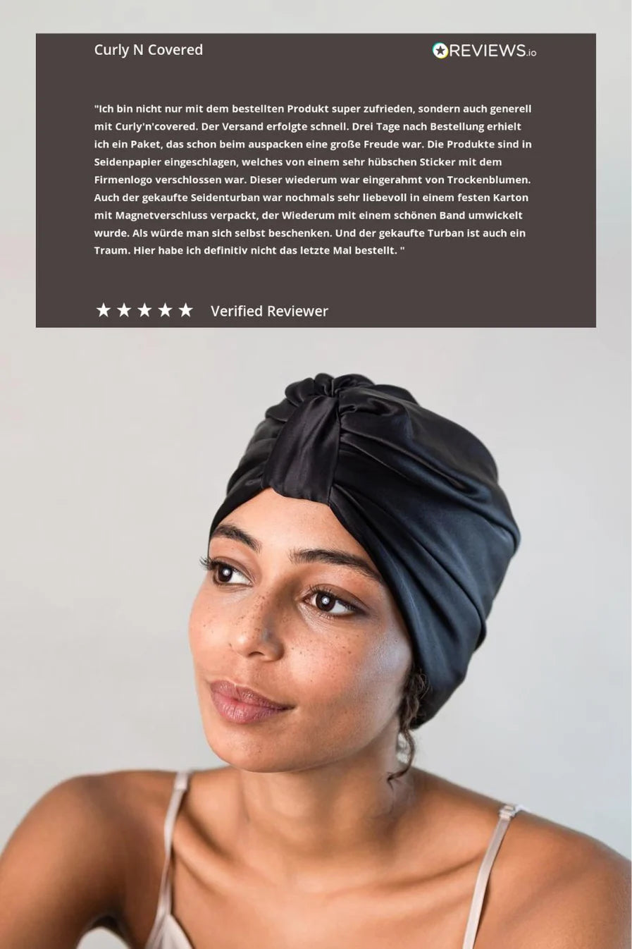 Curly’n Covered Schlafhaube aus Seide in Schwarz auf Modell und Kundenbewertung