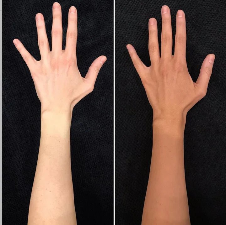 Cacao Tanning Mousse Before and After Hands