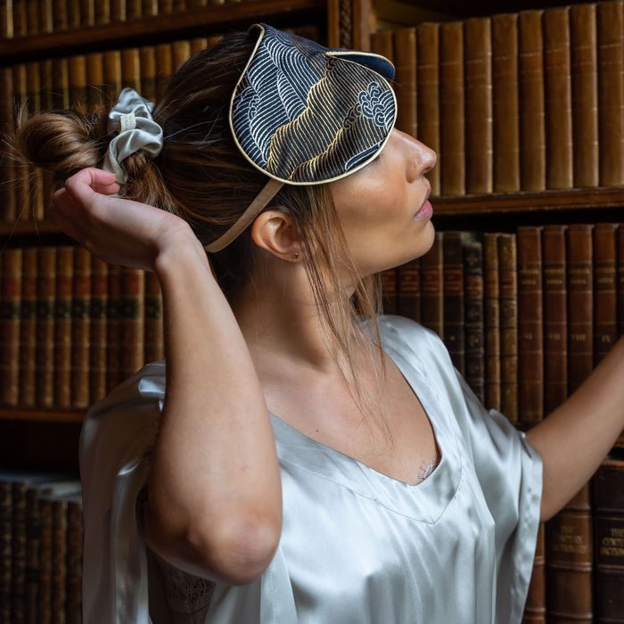 Model wearing silk eye mask