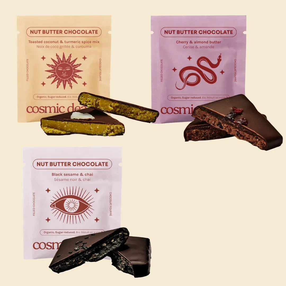 Cosmic Dealer Chakra Chocolates mit cremigen Füllungen und verschiedenen Einzelverpackungen