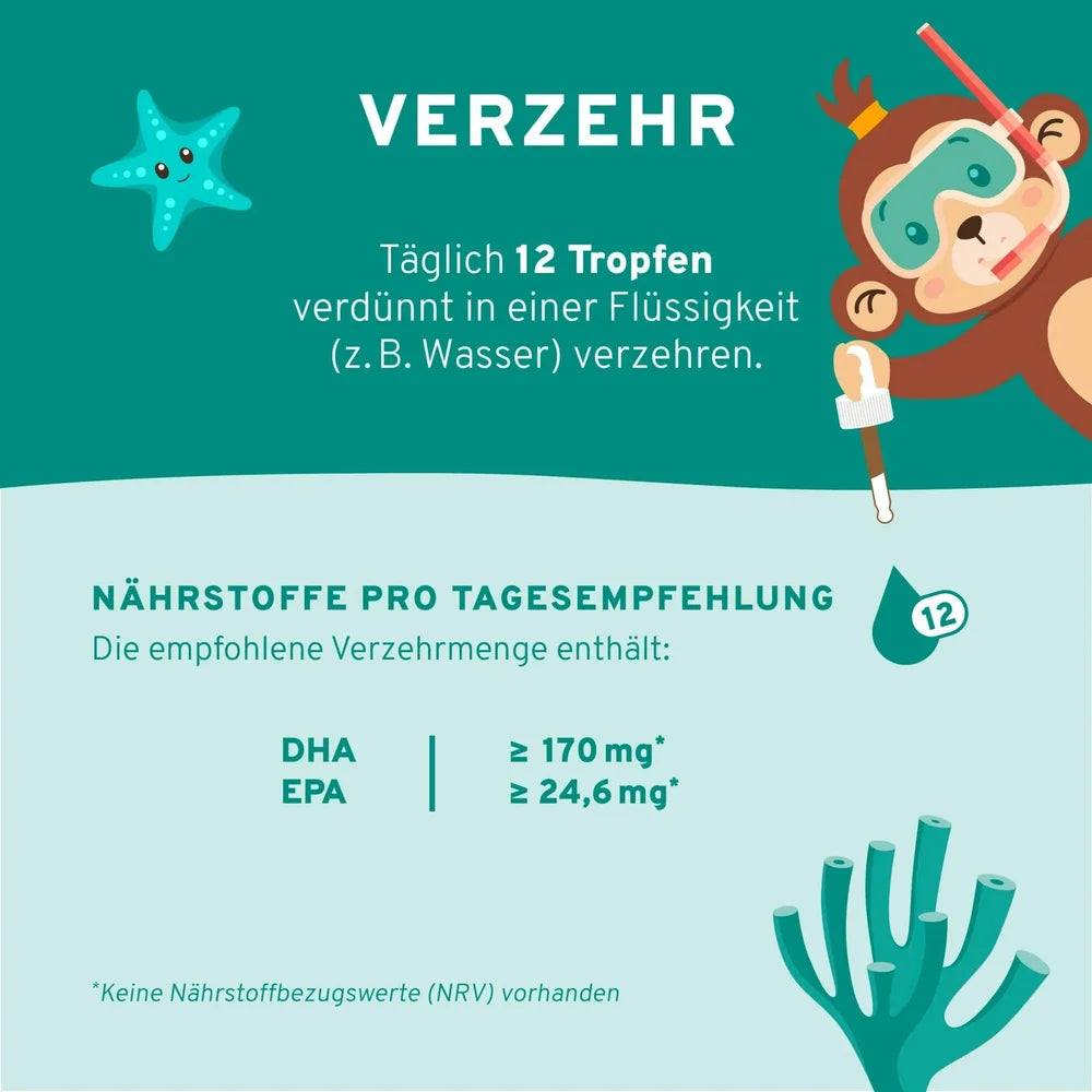 Vegane Omega-3-Tropfen für Kinder mit DHA und EPA aus Algenöl - Verzehrempfehlung