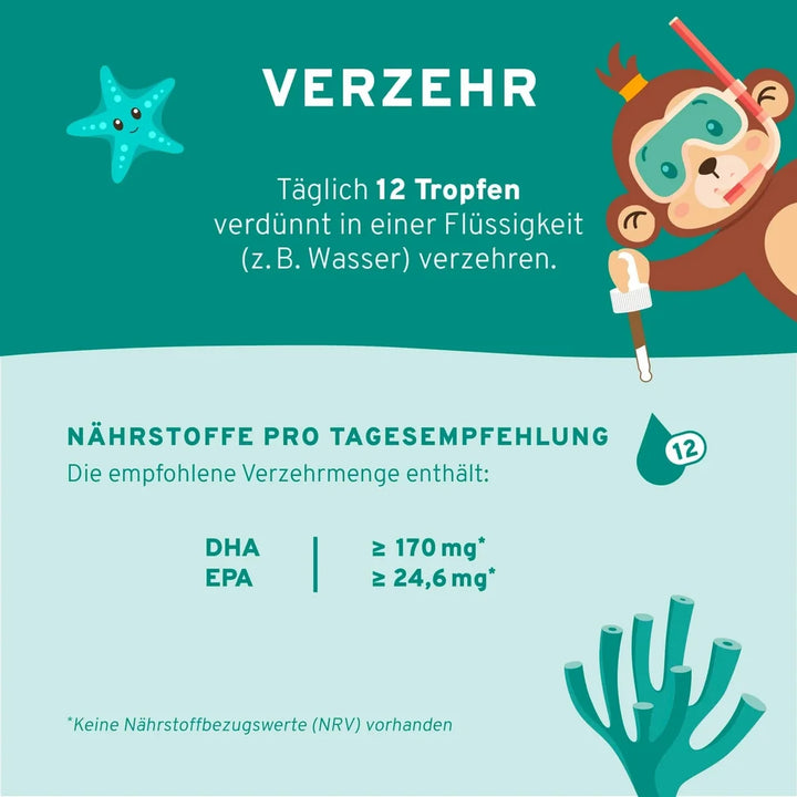 Vegane Omega-3-Tropfen für Kinder mit DHA und EPA aus Algenöl - Verzehrempfehlung