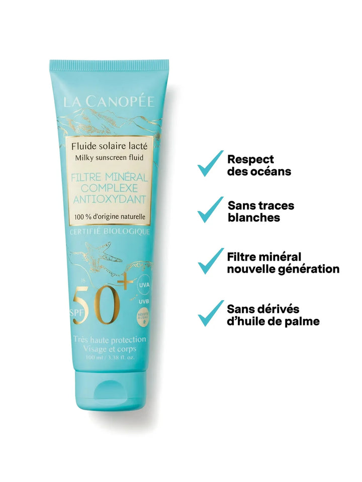 La Canopée Fluide Solaire Lacté SPF50+ mit veganer Formel und mineralischem UV-Filter