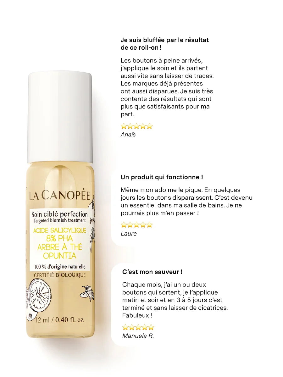 La Canopée Soin Ciblé Perfection Roll-on mit Wirkstoffinformationen zu PHA und Salicylsäure