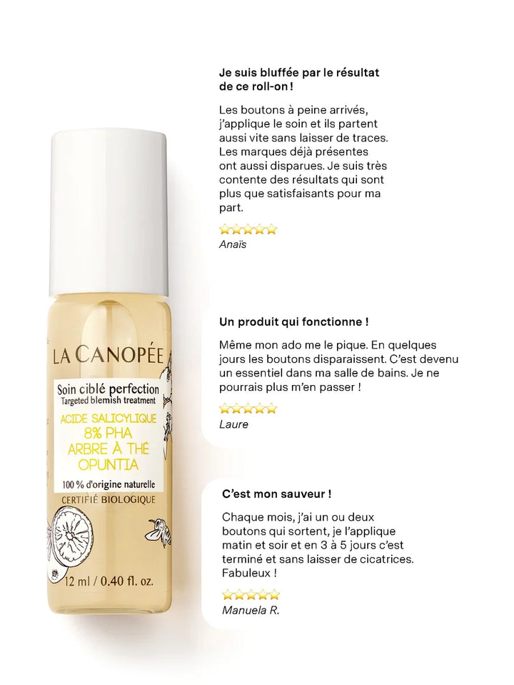 La Canopée Soin Ciblé Perfection Roll-on mit Wirkstoffinformationen zu PHA und Salicylsäure