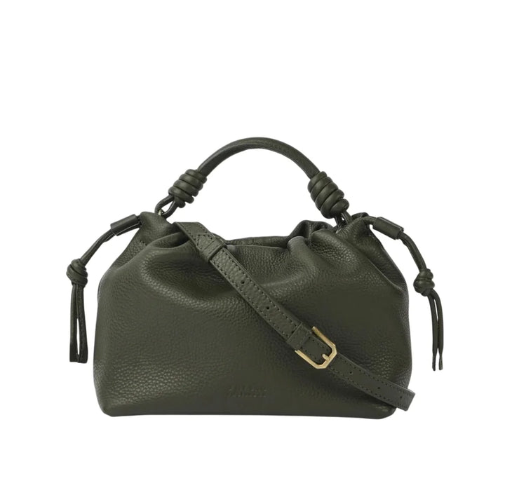 O My Bag Kiki Mini Moss – kleine olivgrüne Ledertasche aus weichem Echtleder mit Knotendetails und Crossbody-Riemen