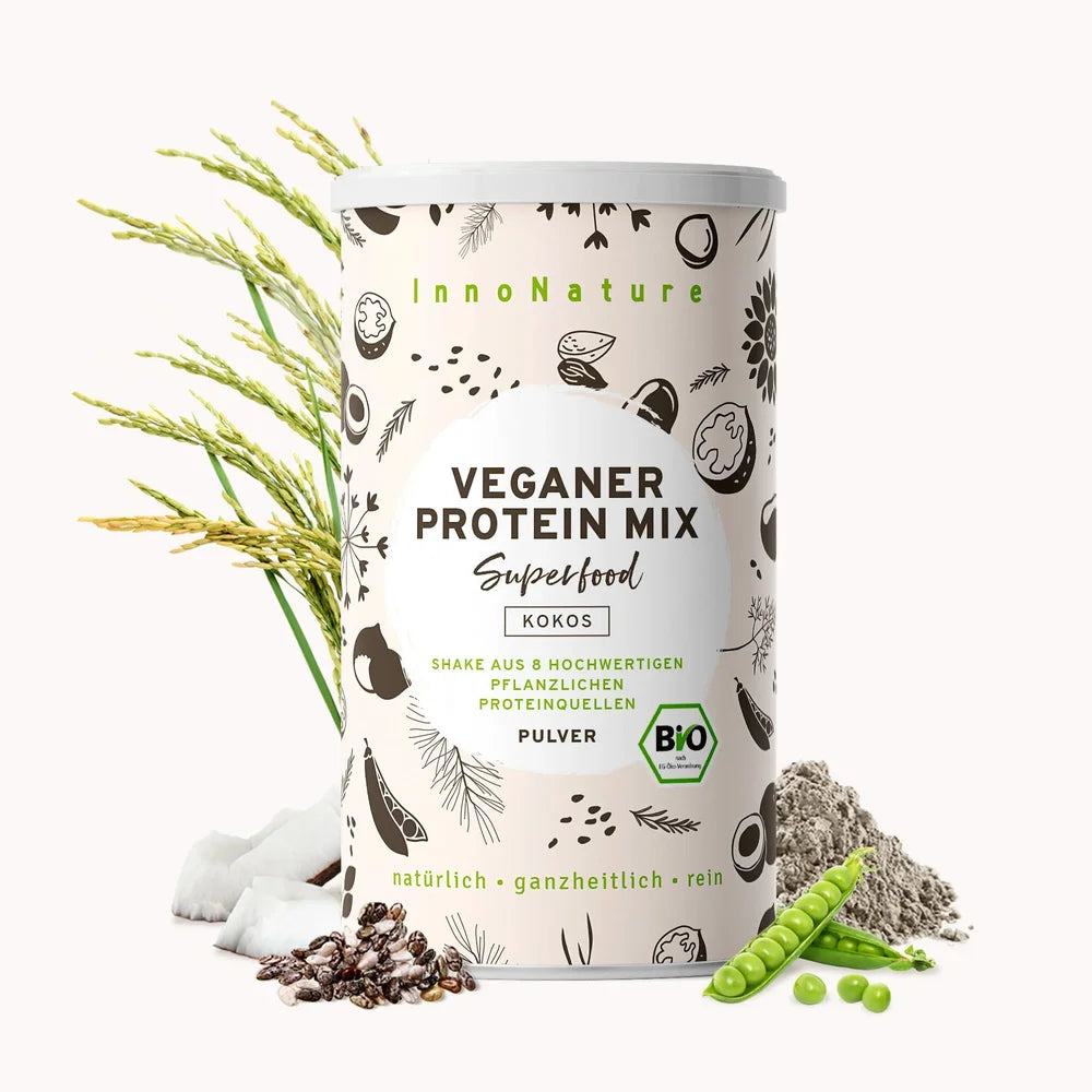 Kokos Protein Mix von InnoNature - Freisteller mit Inhaltsstoffen