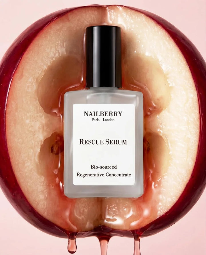 Rescue Serum von Nailberry - Produkt in offener Frucht, mit Flüssigkeit